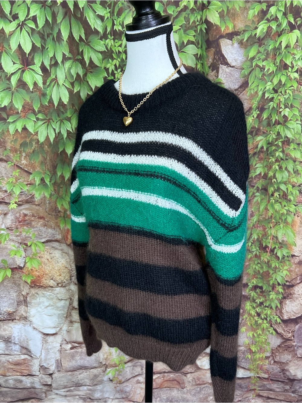 TELA Gina Mohair and Wool Blend Striped Made in Italy Luxury Crewneck Sweater, S - Picture 4 of 15